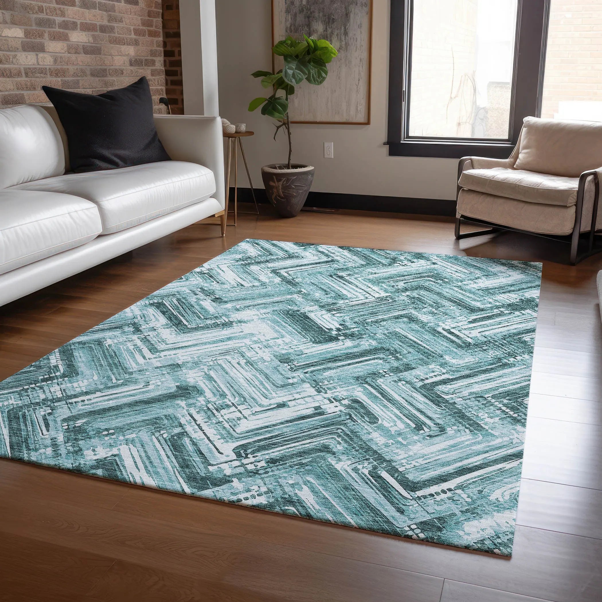 10' X 14' Teal Blue Aqua And Ivory Geometric Washable Indoor Outdoor Area Rug Homeroots Outdoor
