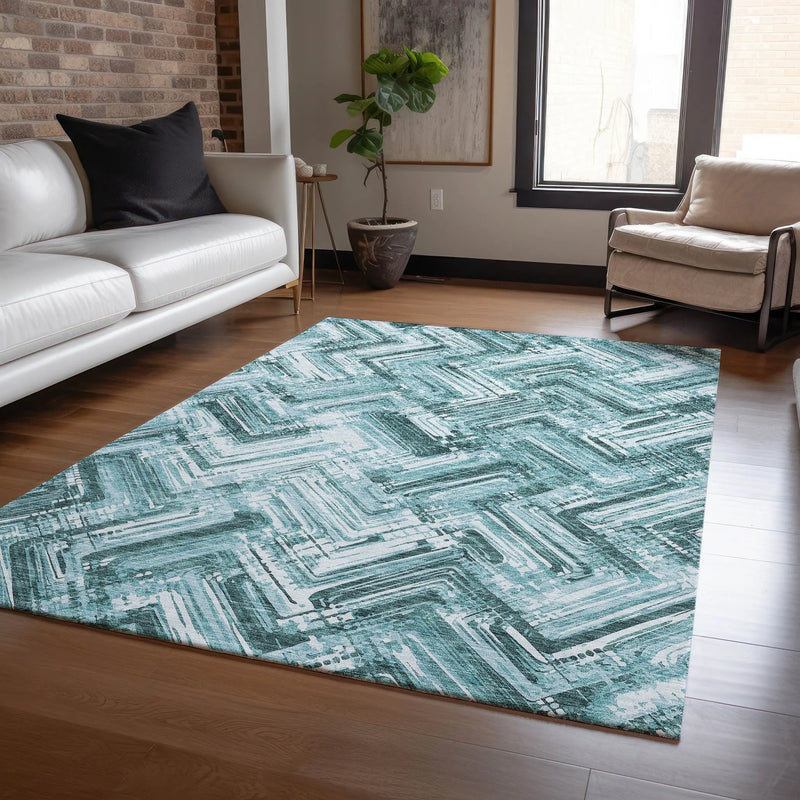10' X 14' Teal Blue Aqua And Ivory Geometric Washable Indoor Outdoor Area Rug Homeroots Outdoor