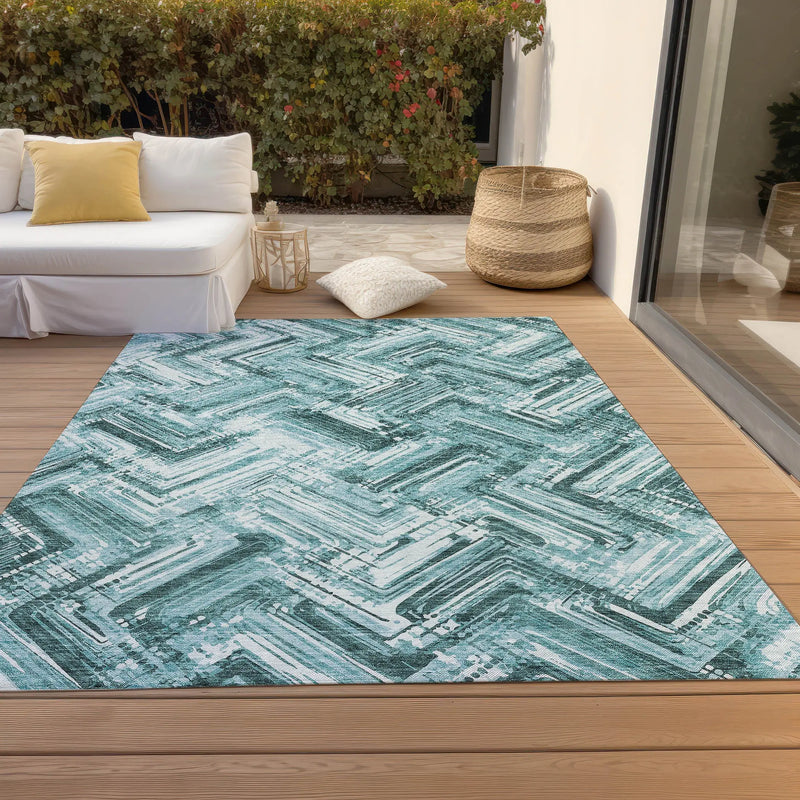 10' X 14' Teal Blue Aqua And Ivory Geometric Washable Indoor Outdoor Area Rug Homeroots Outdoor