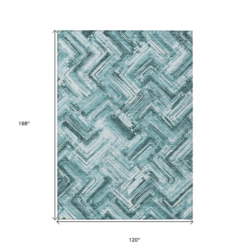 10' X 14' Teal Blue Aqua And Ivory Geometric Washable Indoor Outdoor Area Rug Homeroots Outdoor