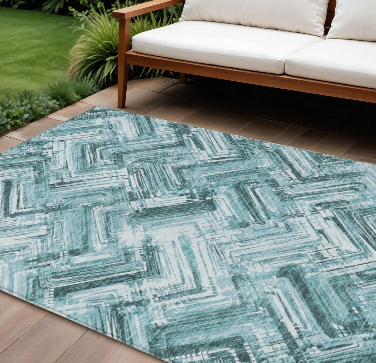 10' X 14' Teal Blue Aqua And Ivory Geometric Washable Indoor Outdoor Area Rug Homeroots Outdoor