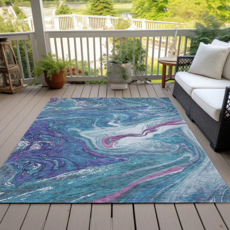 10' X 14' Teal Blue Purple And Pink Abstract Washable Indoor Outdoor Area Rug - GreatEagleInc
