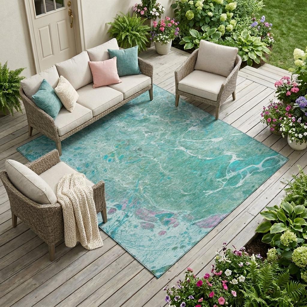 10' X 14' Turquoise And Teal Blue Abstract Washable Indoor Outdoor Area Rug Homeroots Outdoor