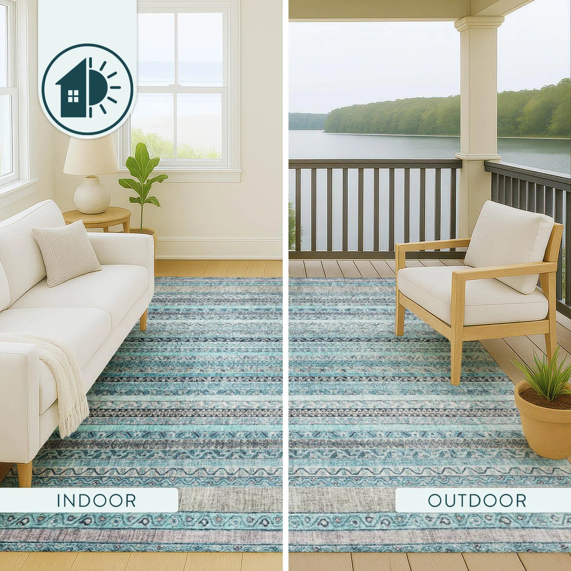 Blue and white striped area rug, versatile for indoor and outdoor use, featuring a soft, durable fabric.