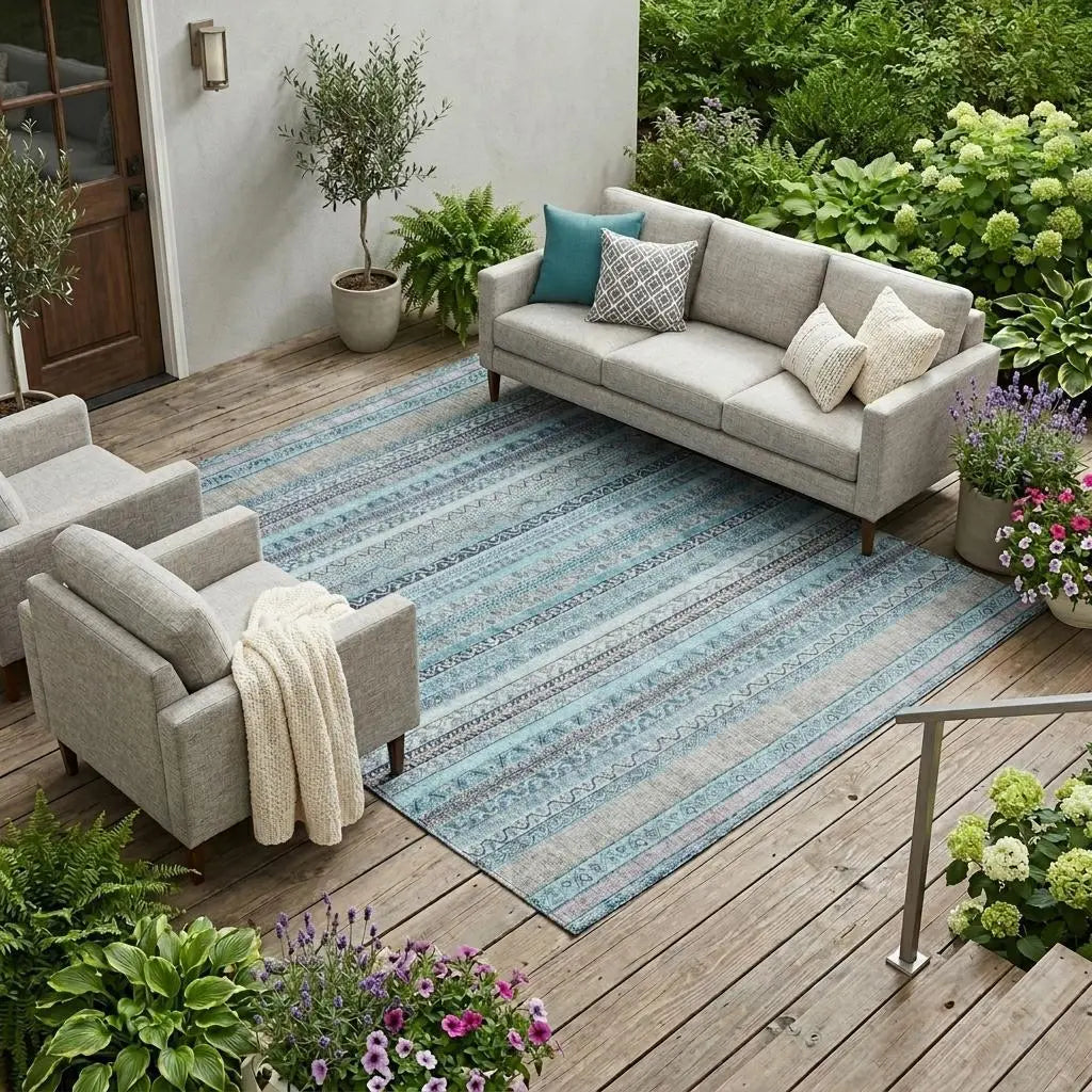 Light gray outdoor sofa with accent pillows, paired with a blue-striped area rug, surrounded by greenery and flowers.