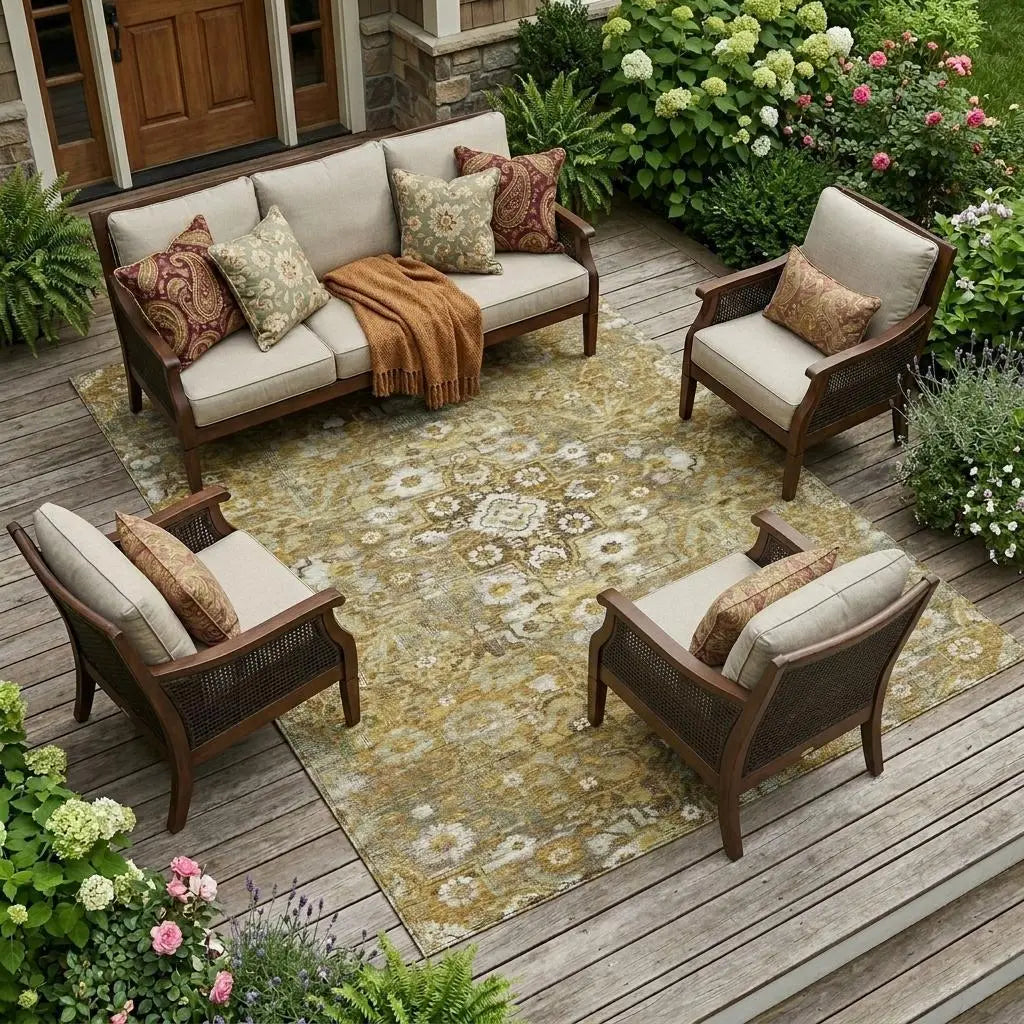 10' X 14' Walnut And Gold Floral Medallion Washable Indoor Outdoor Area Rug Homeroots Outdoor