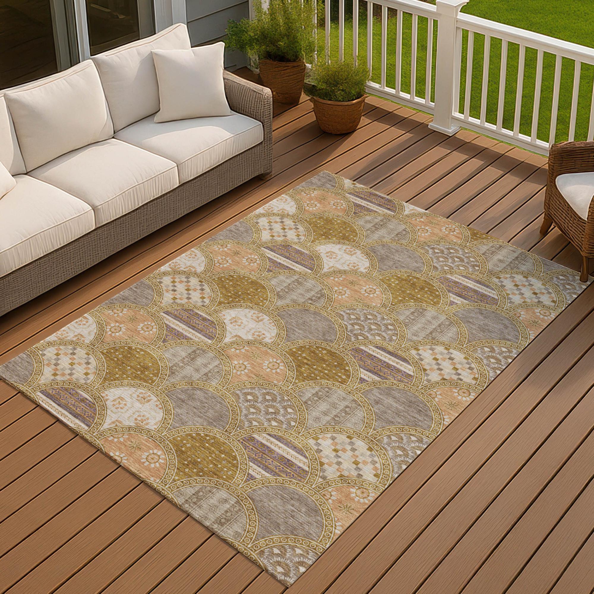 10' X 14' Walnut And Gold Geometric Washable Indoor Outdoor Area Rug Homeroots Outdoor