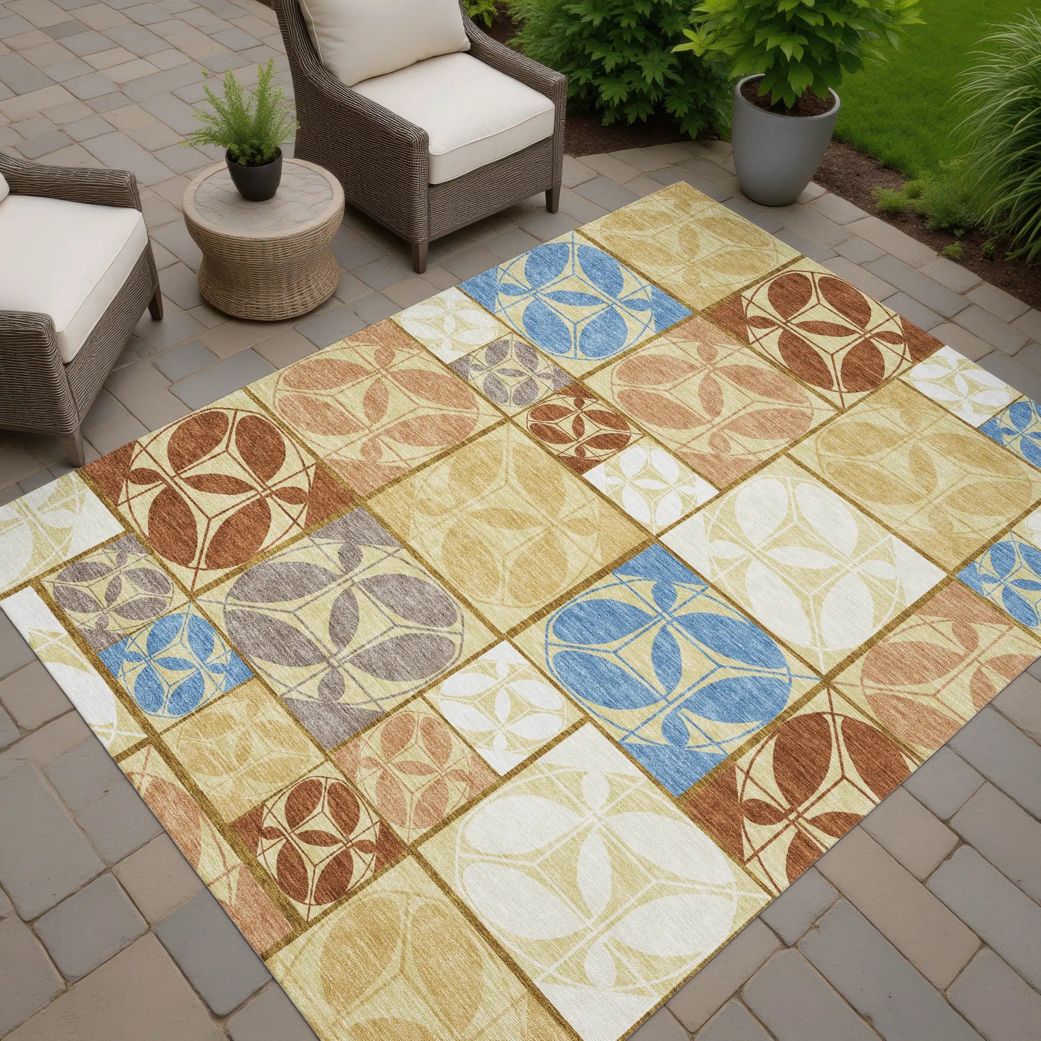 10' X 14' Wheat And Gold Geometric Washable Indoor Outdoor Area Rug Homeroots Outdoor