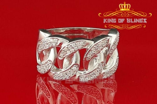 10k White Gold Finish Cuban Link Silver CZ Men's Ring Size from 9-11 King Of Bling
