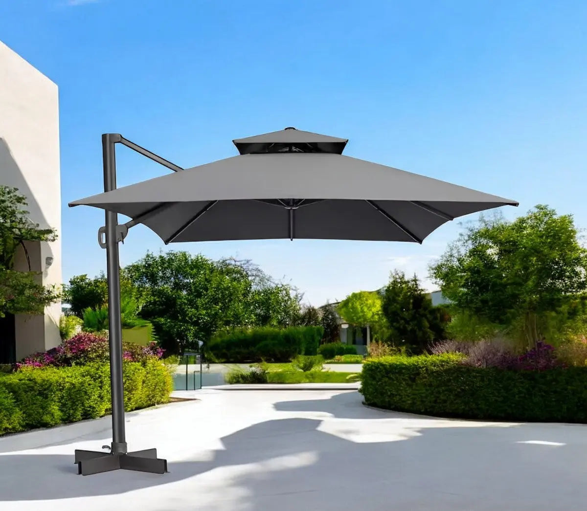 113" Dark Gray Polyester Rectangular Tilt Cantilever Patio Umbrella With Stand Homeroots Outdoor