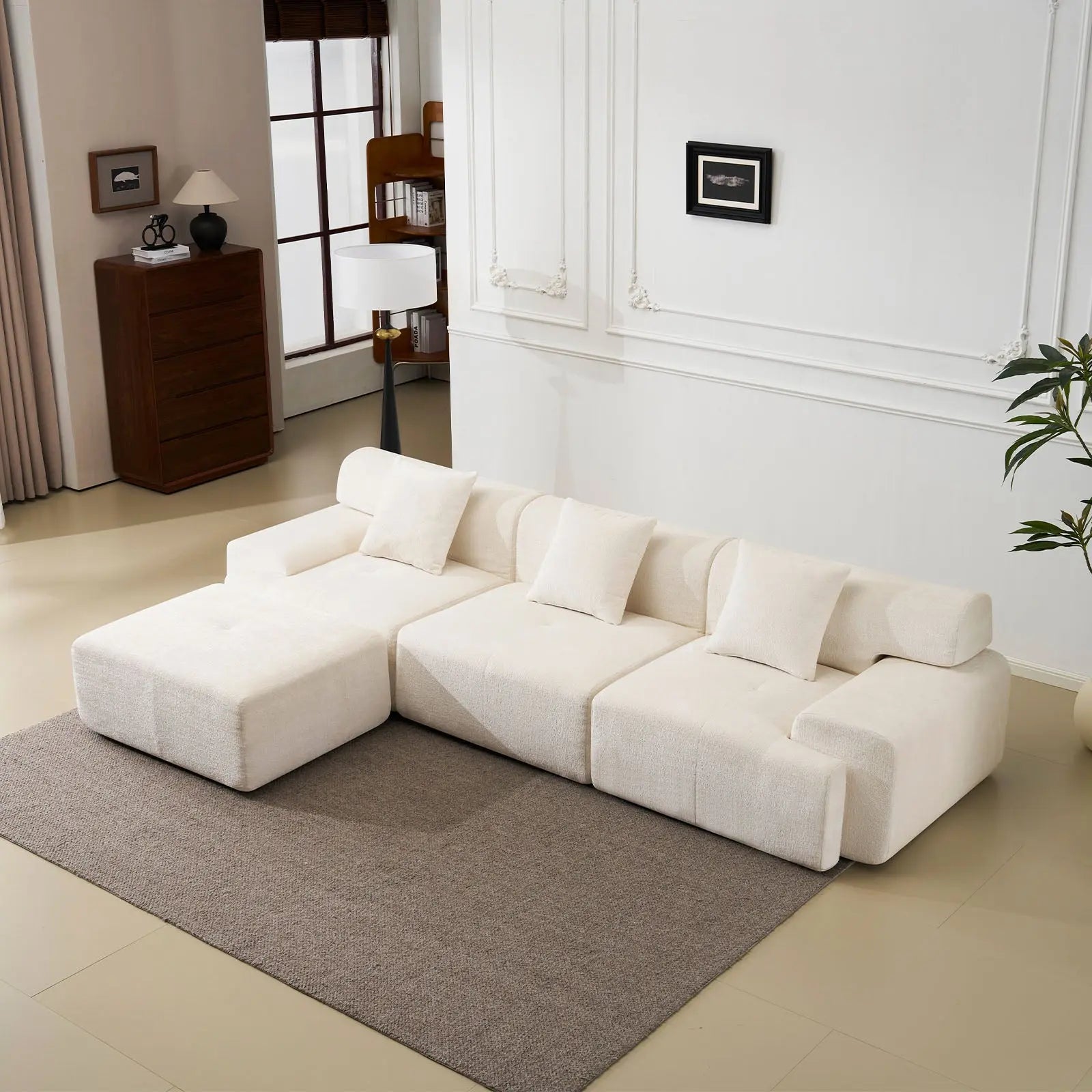 118" Beige Chenille Modular Sofa With Ottoman And Toss Pillows Homeroots Living Room