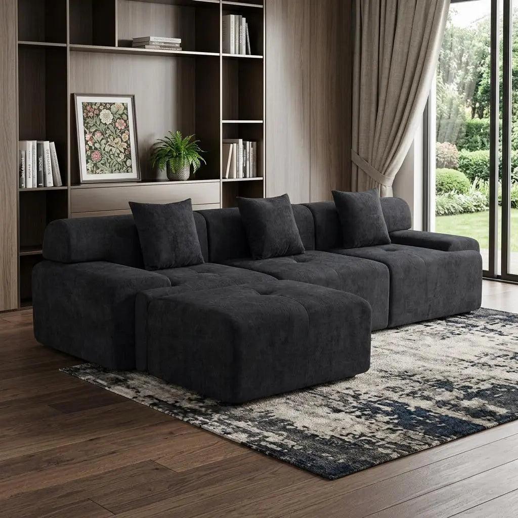 118" Black Chenille Modular Sofa With Ottoman And Toss Pillows Homeroots Living Room