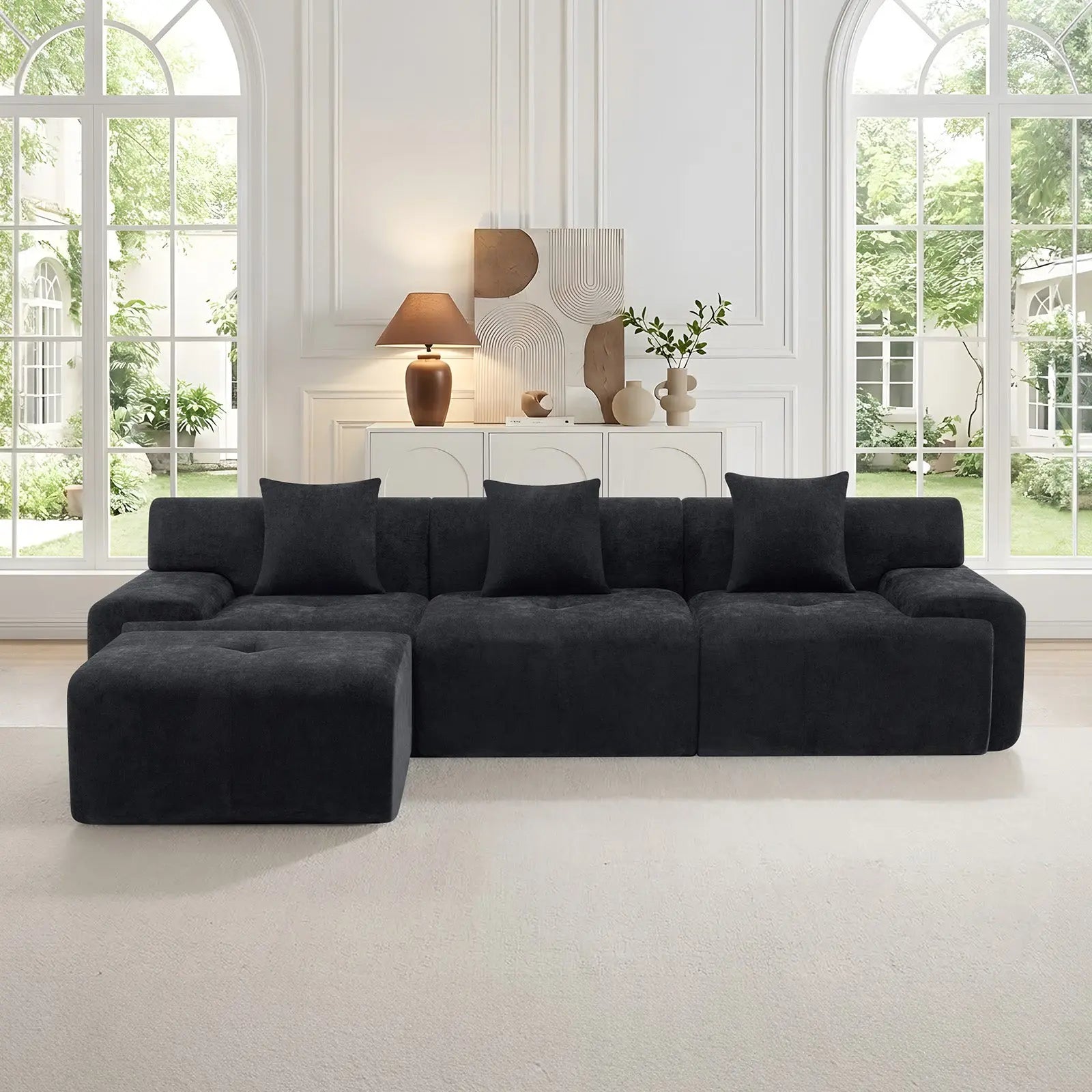 118" Black Chenille Modular Sofa With Ottoman And Toss Pillows Homeroots Living Room