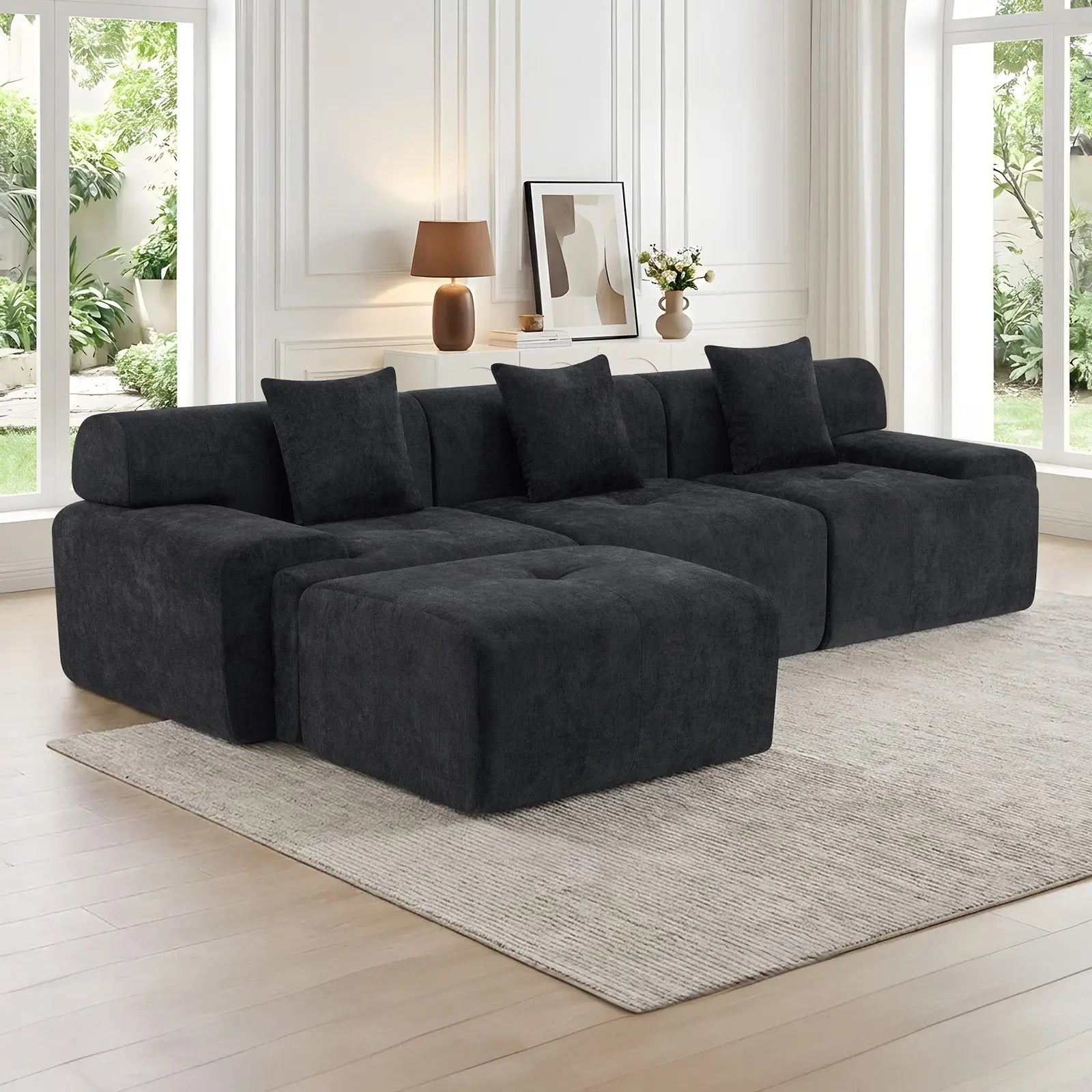 118" Black Chenille Modular Sofa With Ottoman And Toss Pillows Homeroots Living Room