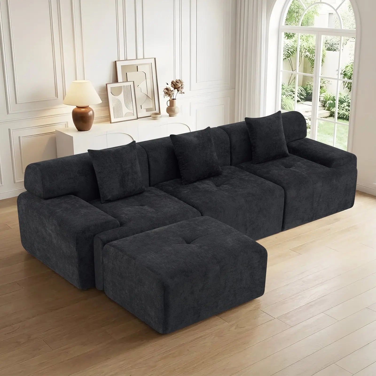 118" Black Chenille Modular Sofa With Ottoman And Toss Pillows Homeroots Living Room