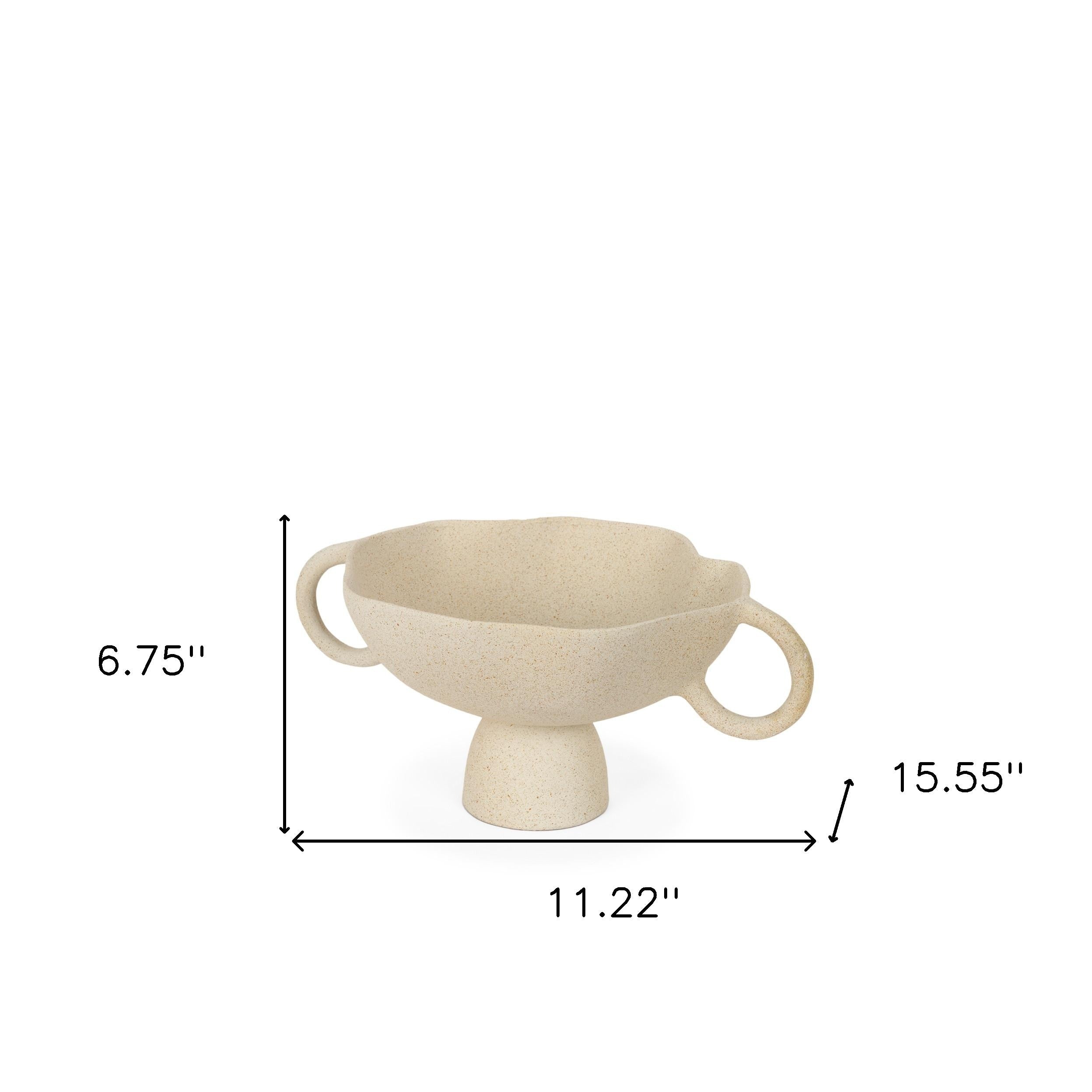11" Beige Cast Aluminum Round Pedestal Centerpiece Bowl With Handles - GreatEagleInc