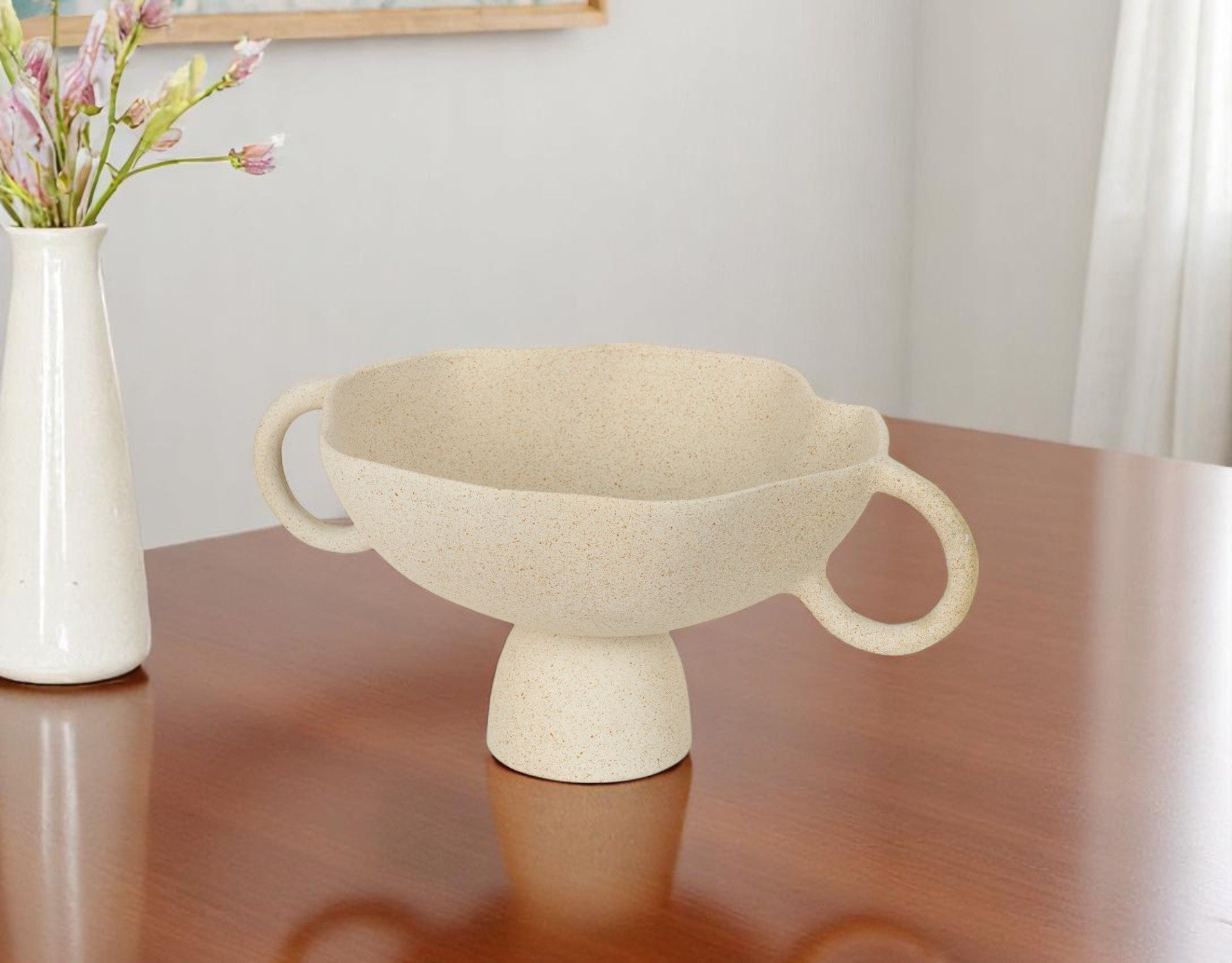 11" Beige Cast Aluminum Round Pedestal Centerpiece Bowl With Handles - GreatEagleInc