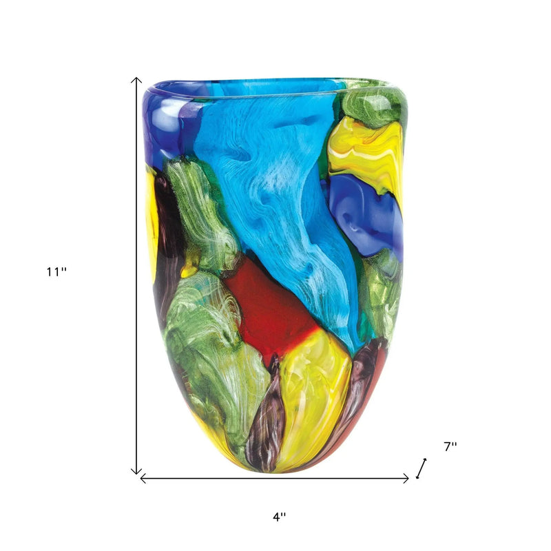 11" Blue Green Red And Yellow Cylinder Murano Glass Table Vase Homeroots Home Decor