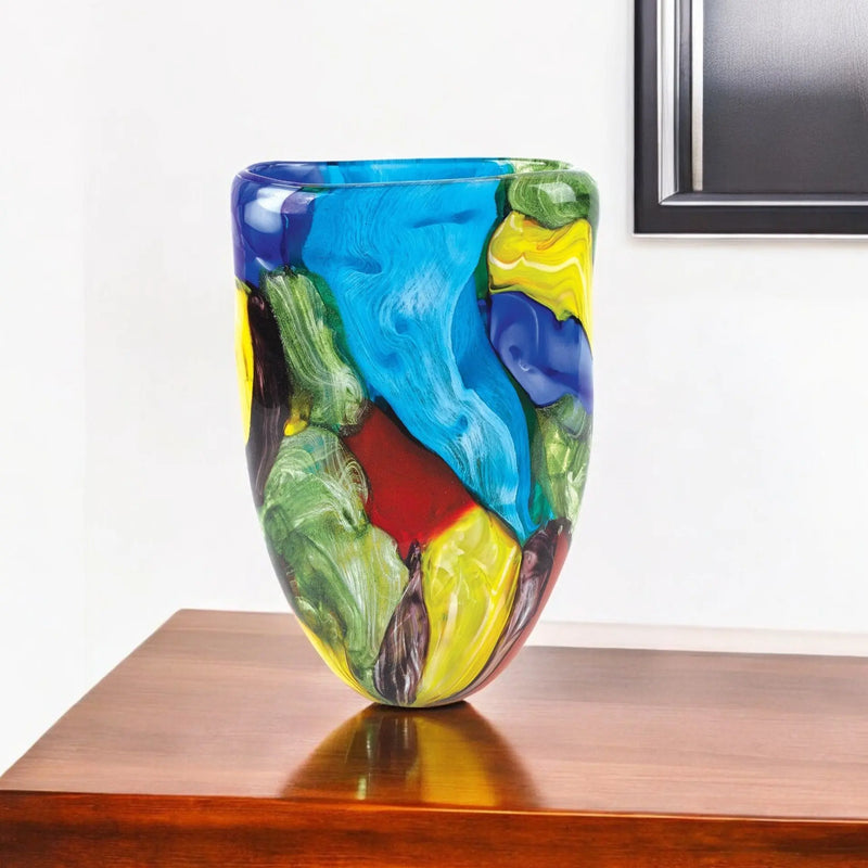 11" Blue Green Red And Yellow Cylinder Murano Glass Table Vase Homeroots Home Decor