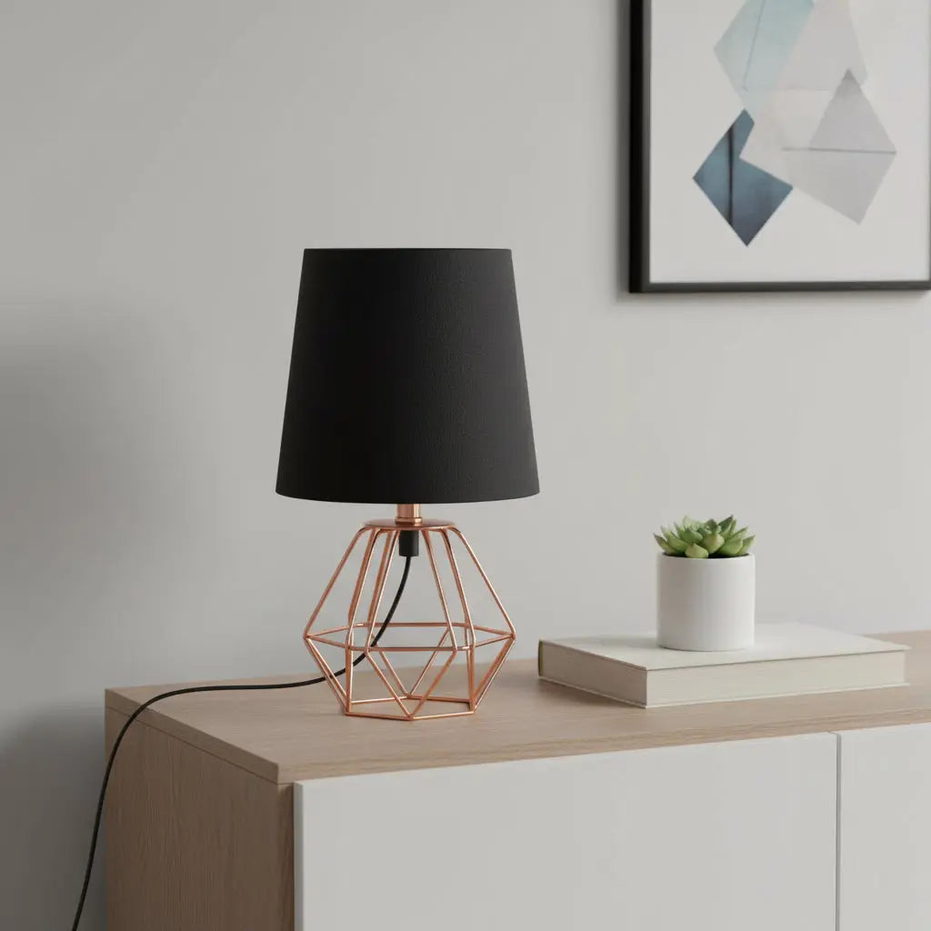 11" Copper Bedside Table Lamp With Black Empire Shade Homeroots Lighting