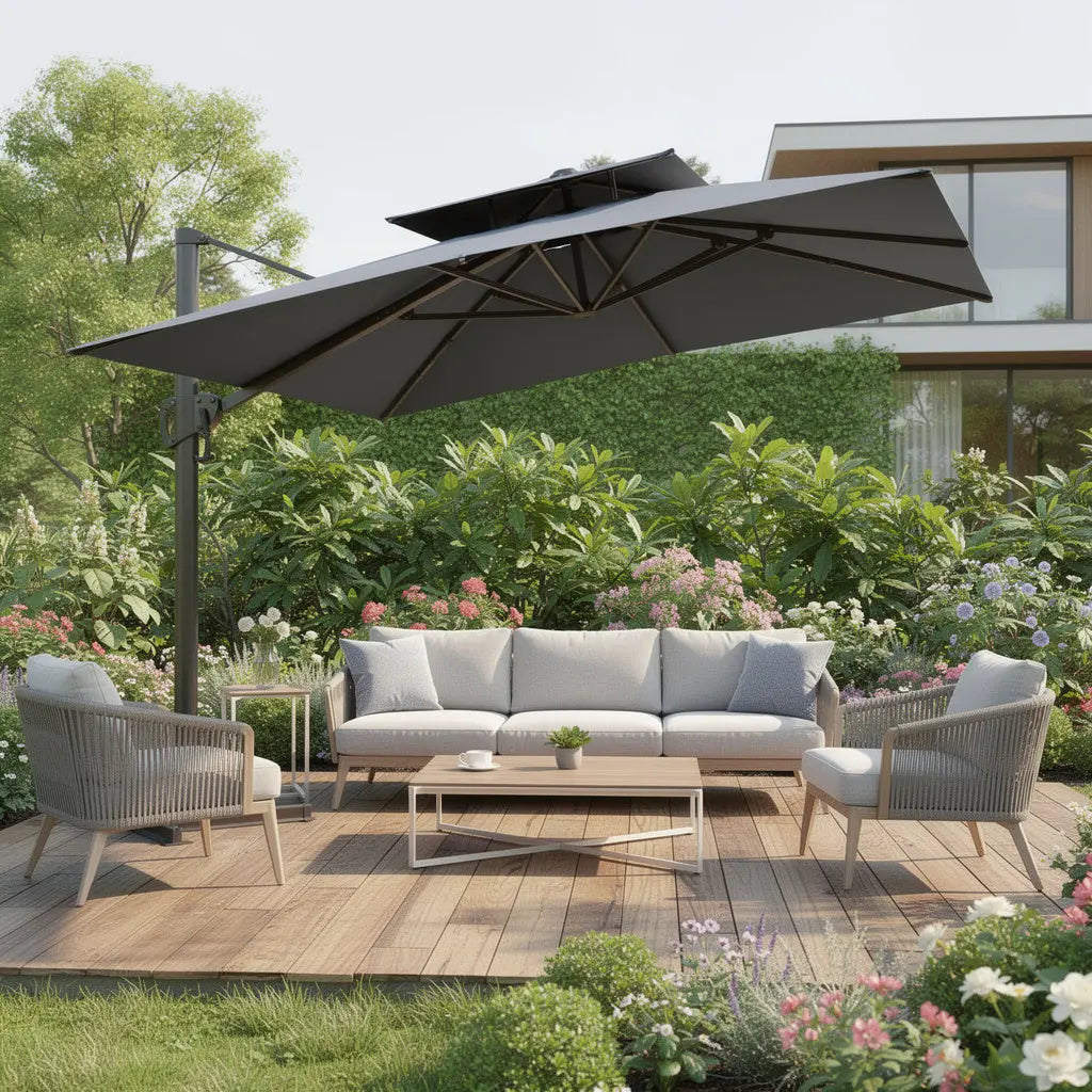 11' Dark Gray Polyester Round Tilt Cantilever Patio Umbrella With Stand Homeroots Outdoor