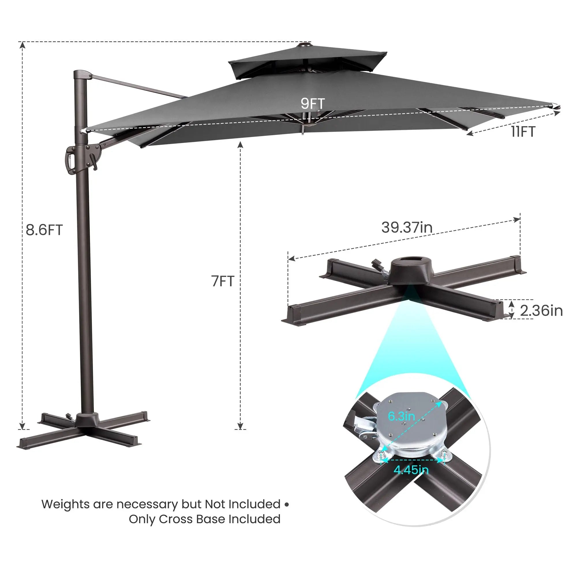 11' Dark Gray Polyester Round Tilt Cantilever Patio Umbrella With Stand Homeroots Outdoor