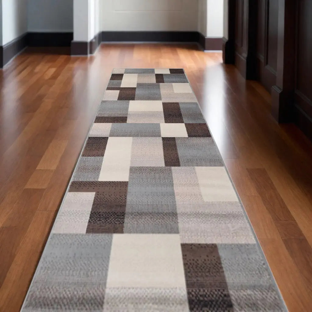 11' Gray Tan And Brown Patchwork Runner Rug Homeroots Home Decor