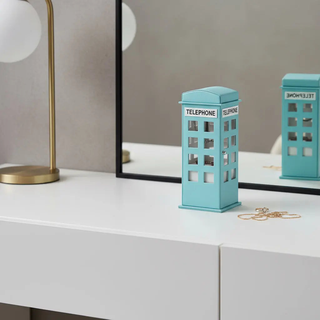 12" Aqua And White Faux Leather Telephone Booth Jewelry Box Homeroots Organization