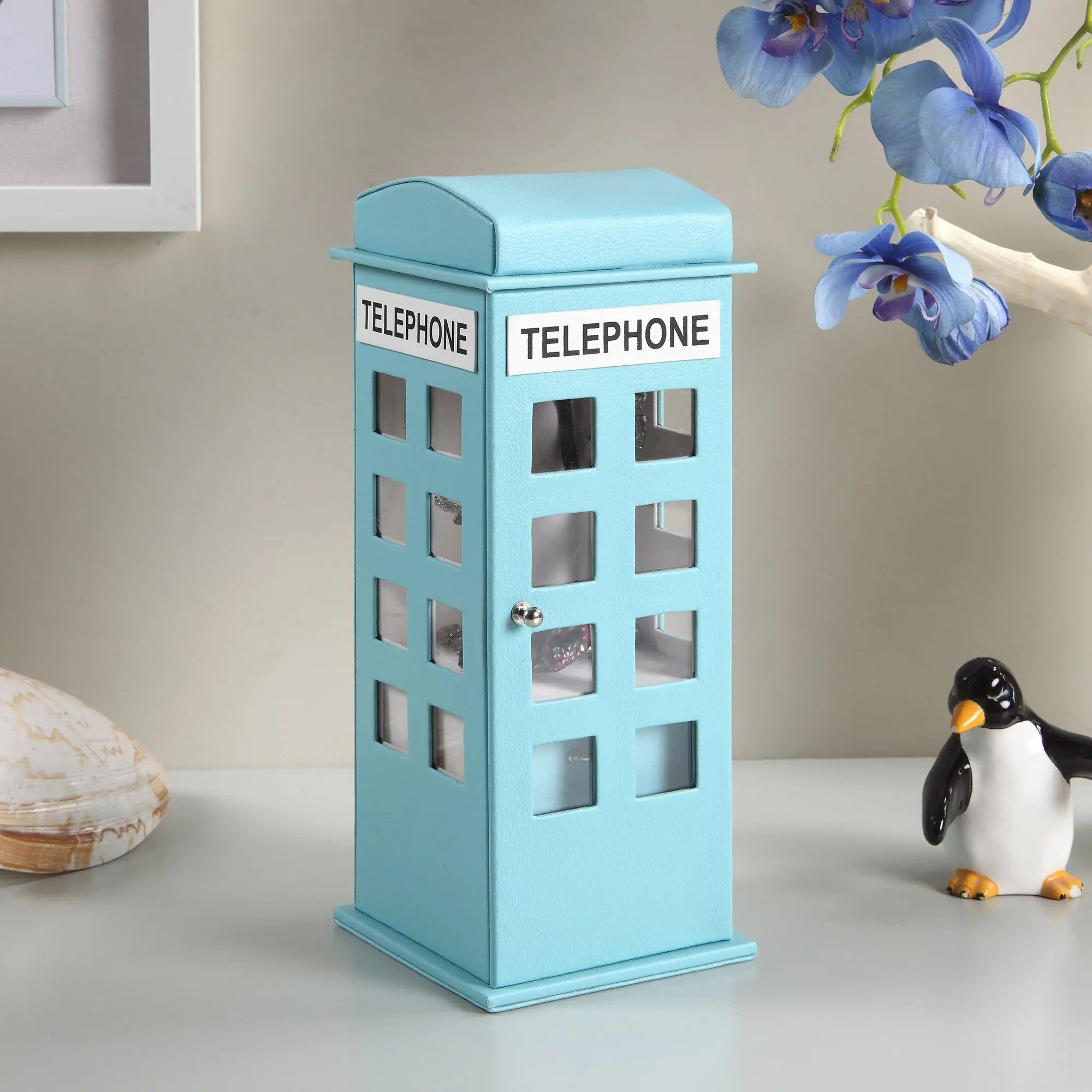 12" Aqua And White Faux Leather Telephone Booth Jewelry Box Homeroots Organization