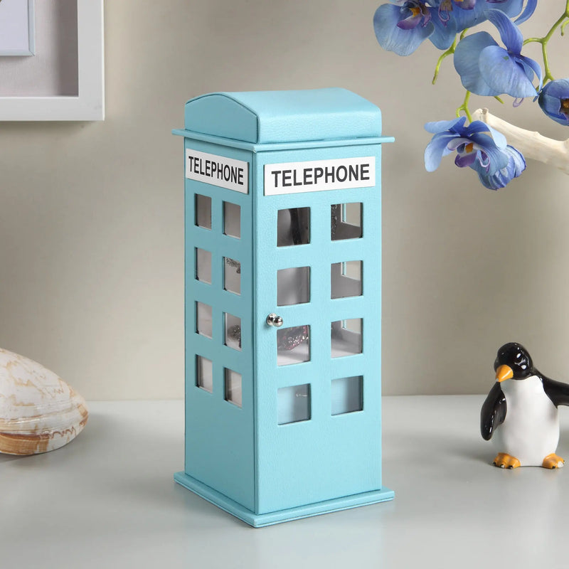 12" Aqua And White Faux Leather Telephone Booth Jewelry Box Homeroots Organization