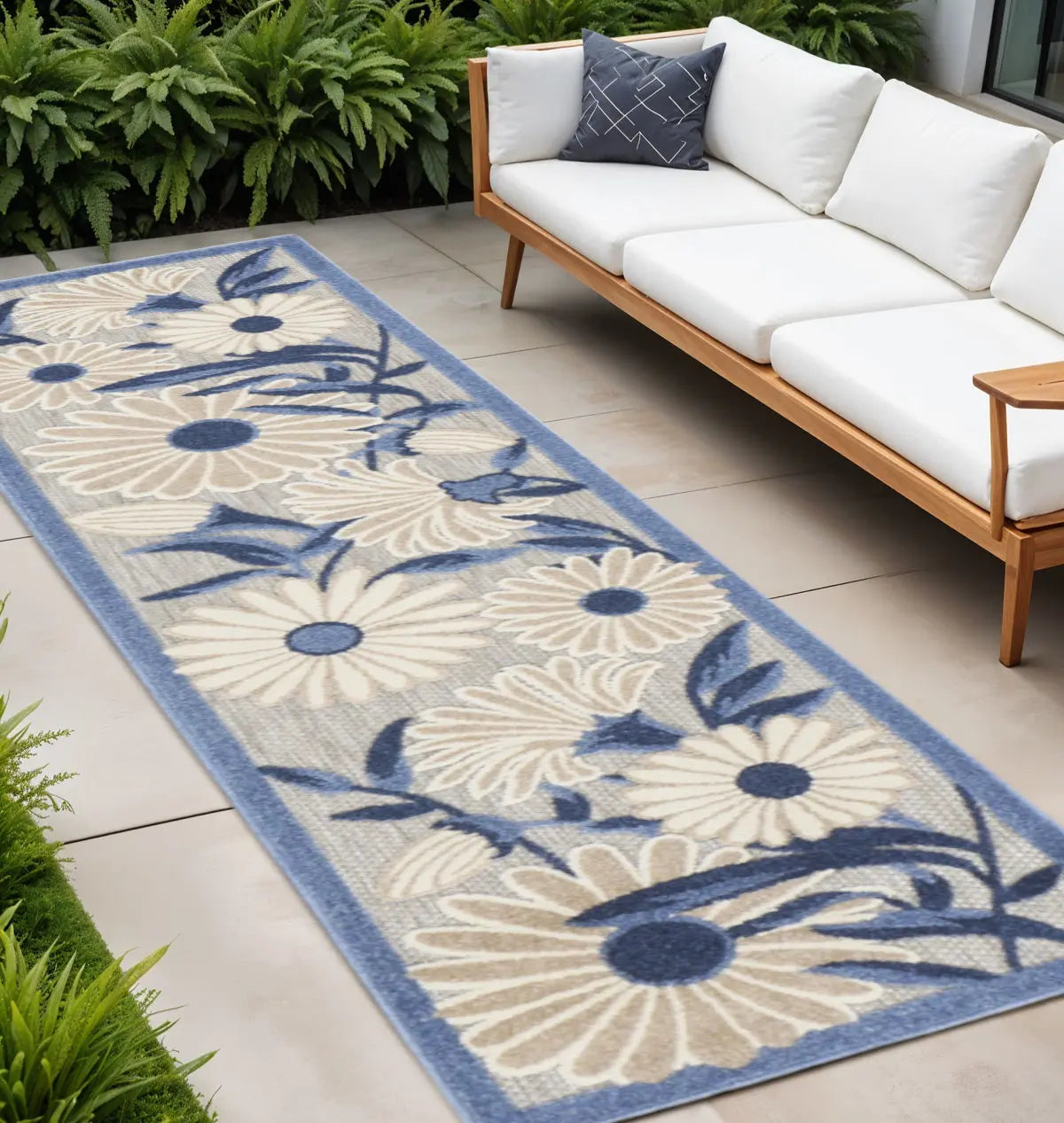 12' Blue And Gray Floral Indoor Outdoor Runner Rug Homeroots Outdoor
