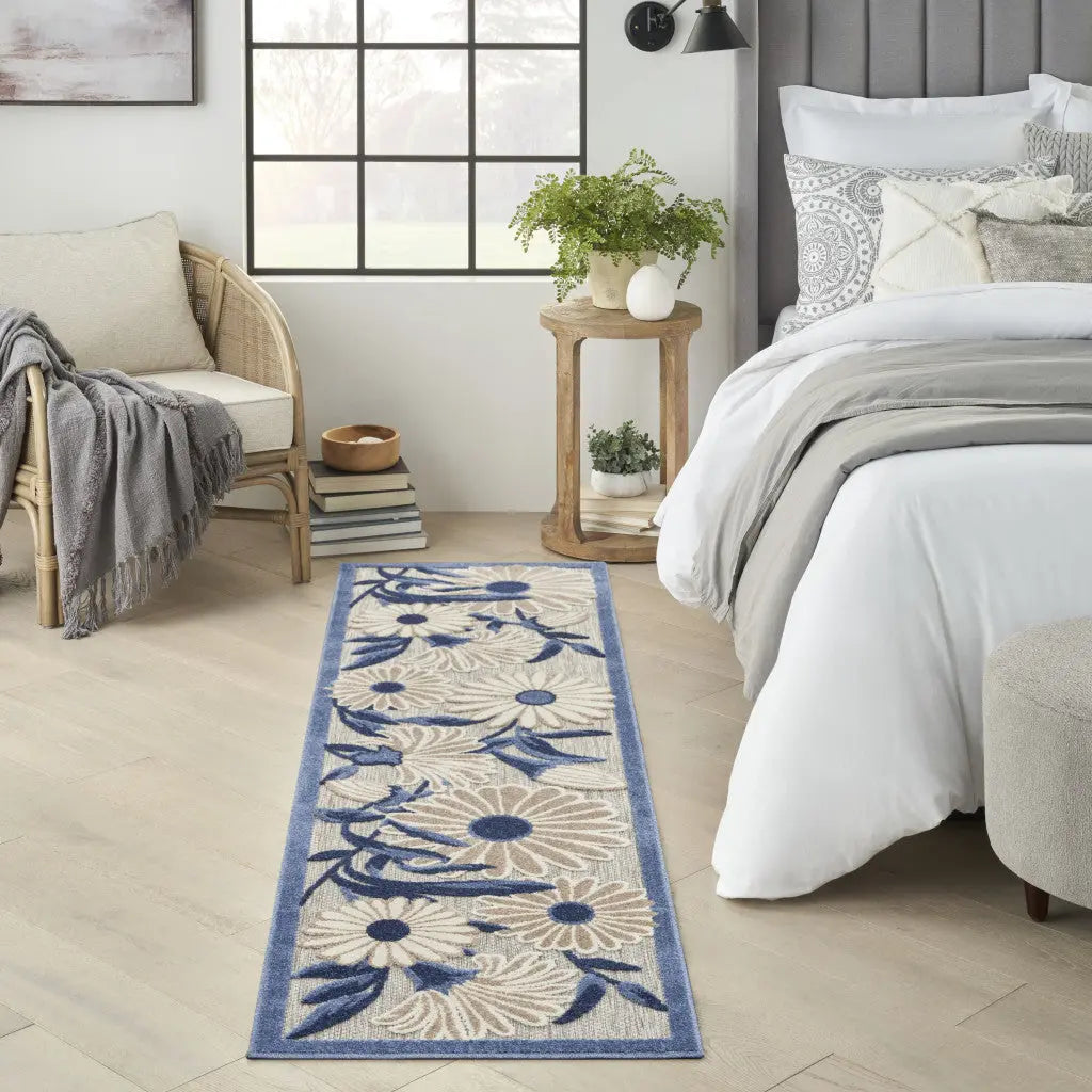 12' Blue And Gray Floral Indoor Outdoor Runner Rug Homeroots Outdoor