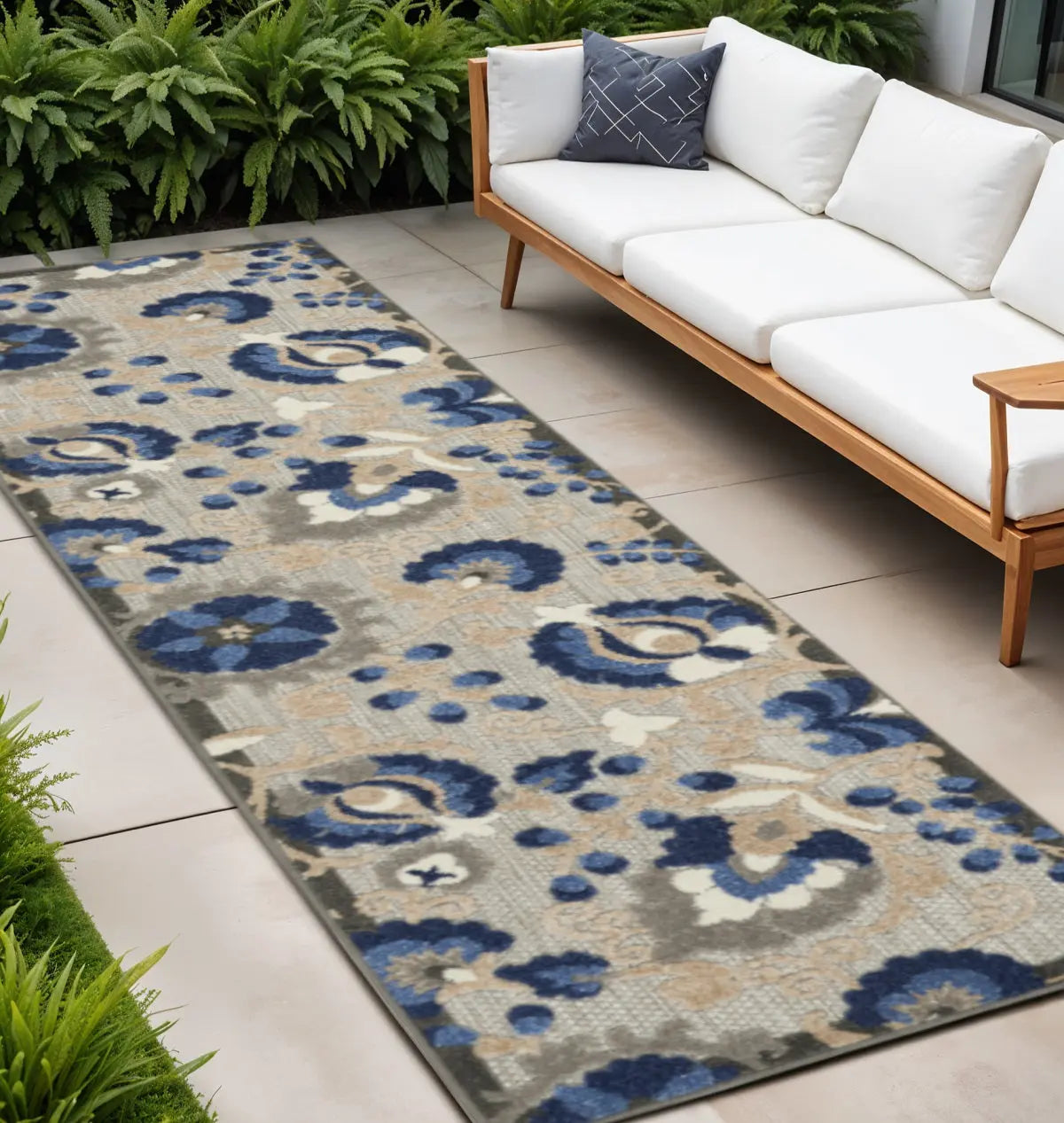 12' Blue And Gray Indoor Outdoor Runner Rug - GreatEagleInc