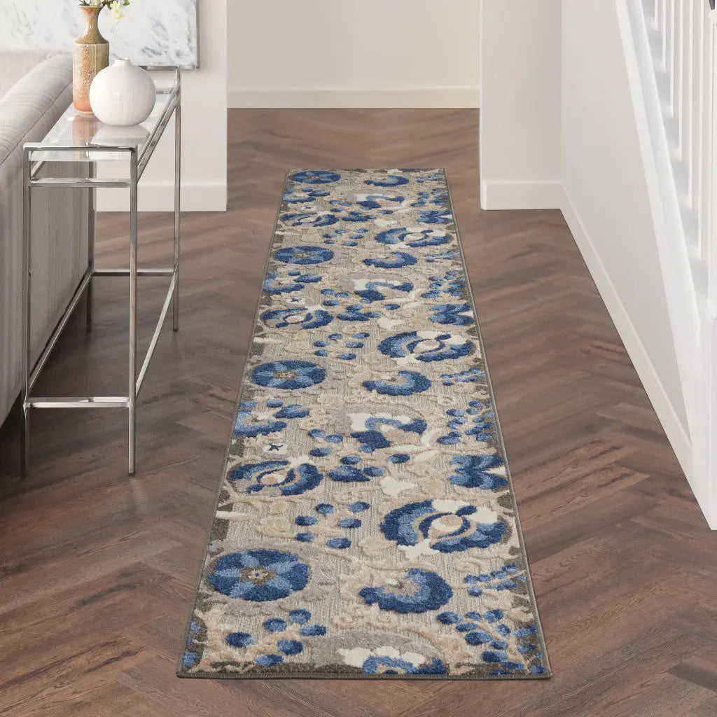 12' Blue And Gray Indoor Outdoor Runner Rug - GreatEagleInc