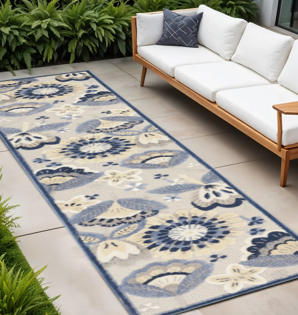 12' Blue And Gray Indoor Outdoor Runner Rug - GreatEagleInc