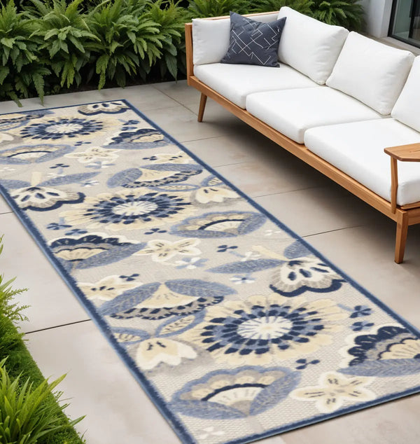 12' Blue And Gray Indoor Outdoor Runner Rug - GreatEagleInc