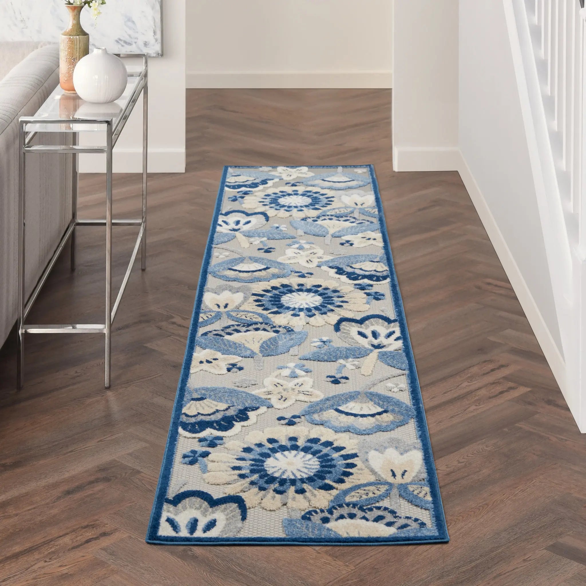 12' Blue And Gray Indoor Outdoor Runner Rug - GreatEagleInc