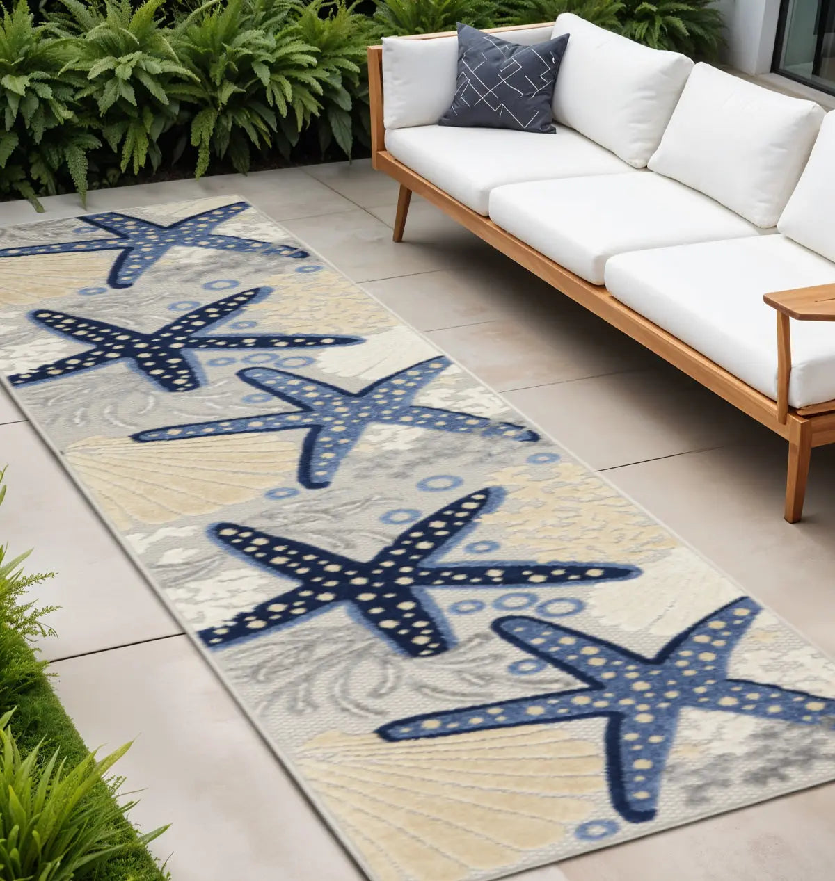 12' Blue And Gray Nautical Indoor Outdoor Runner Rug - GreatEagleInc