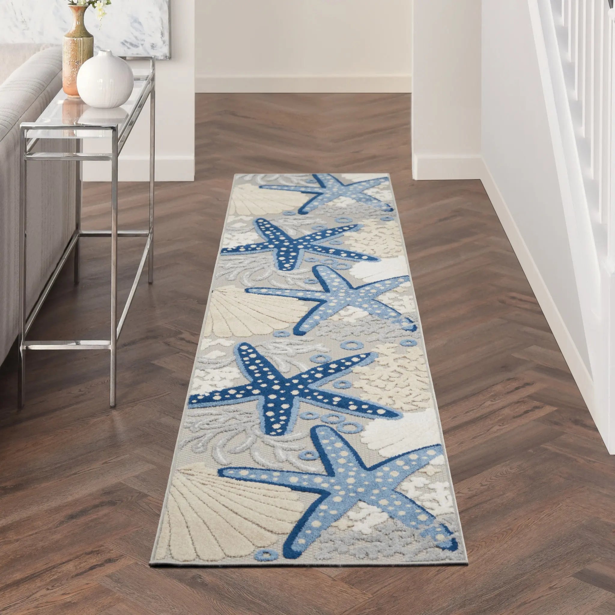 12' Blue And Gray Nautical Indoor Outdoor Runner Rug - GreatEagleInc