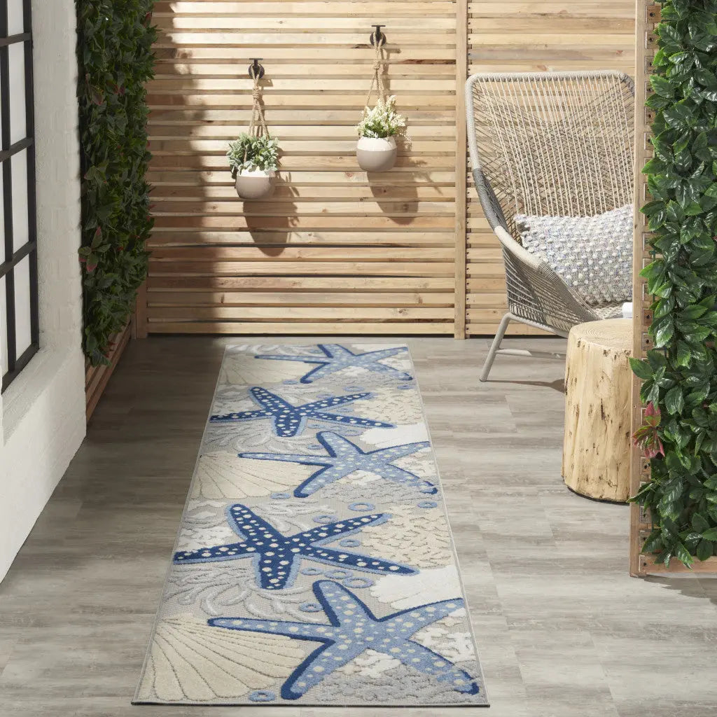 12' Blue And Gray Nautical Indoor Outdoor Runner Rug - GreatEagleInc