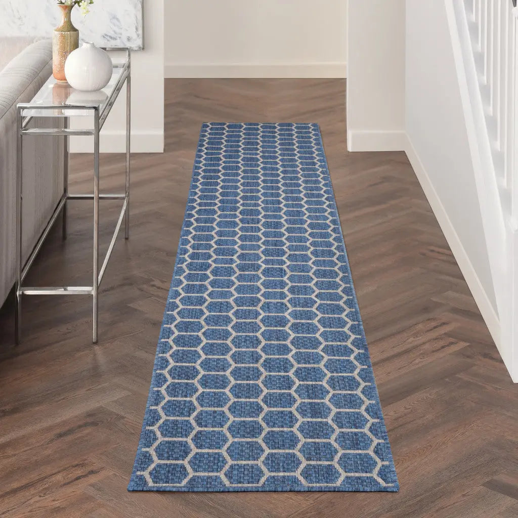 12' Blue And Ivory Geometric Indoor Outdoor Runner Rug Homeroots Outdoor