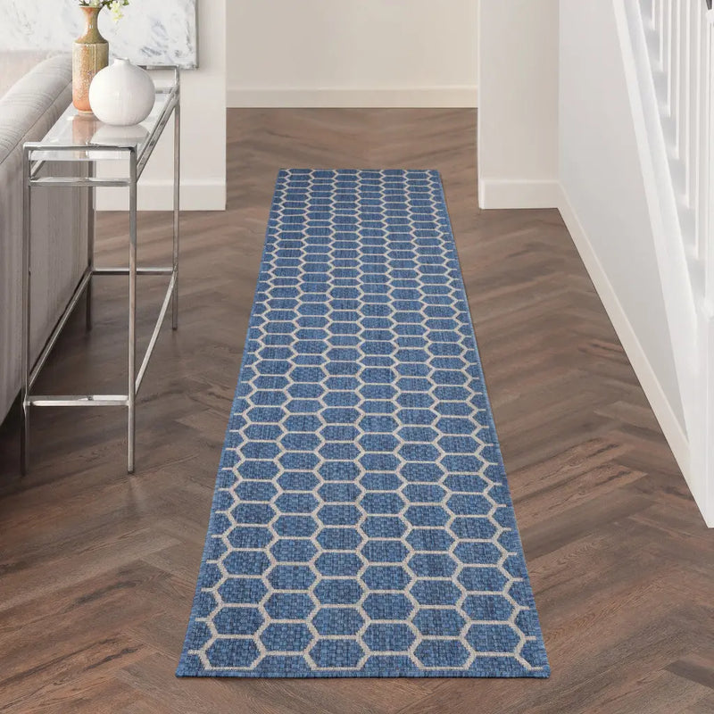12' Blue And Ivory Geometric Indoor Outdoor Runner Rug Homeroots Outdoor