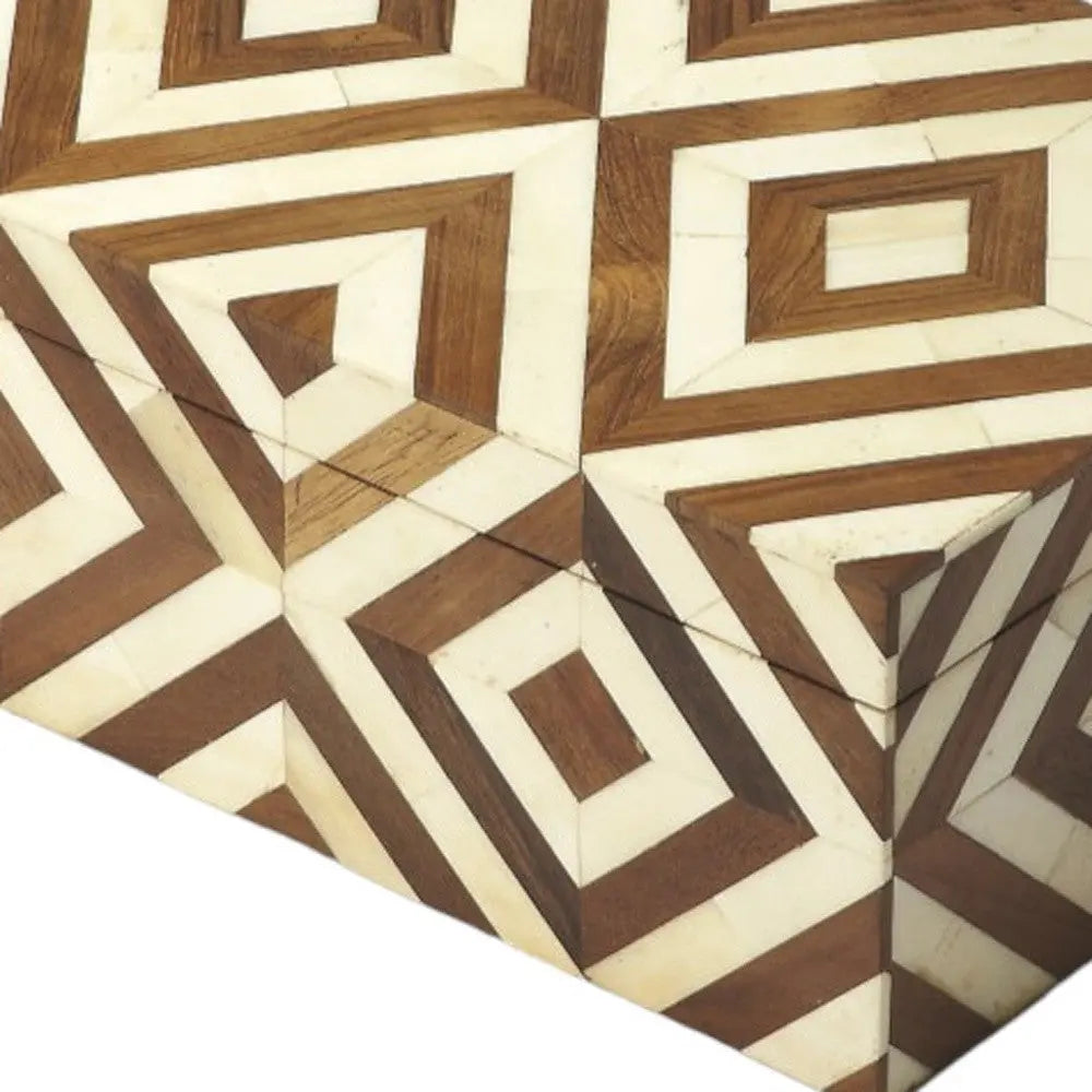 12" Brown And Ivory Bone Inlay And Solid Wood Box With Lid Homeroots Office