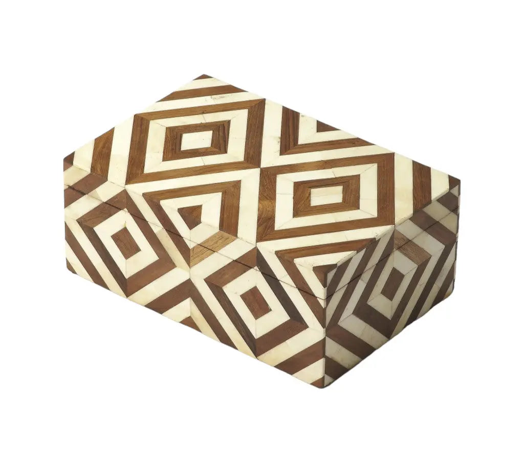 12" Brown And Ivory Bone Inlay And Solid Wood Box With Lid Homeroots Office