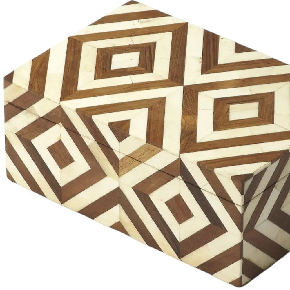 12" Brown And Ivory Bone Inlay And Solid Wood Box With Lid Homeroots Office
