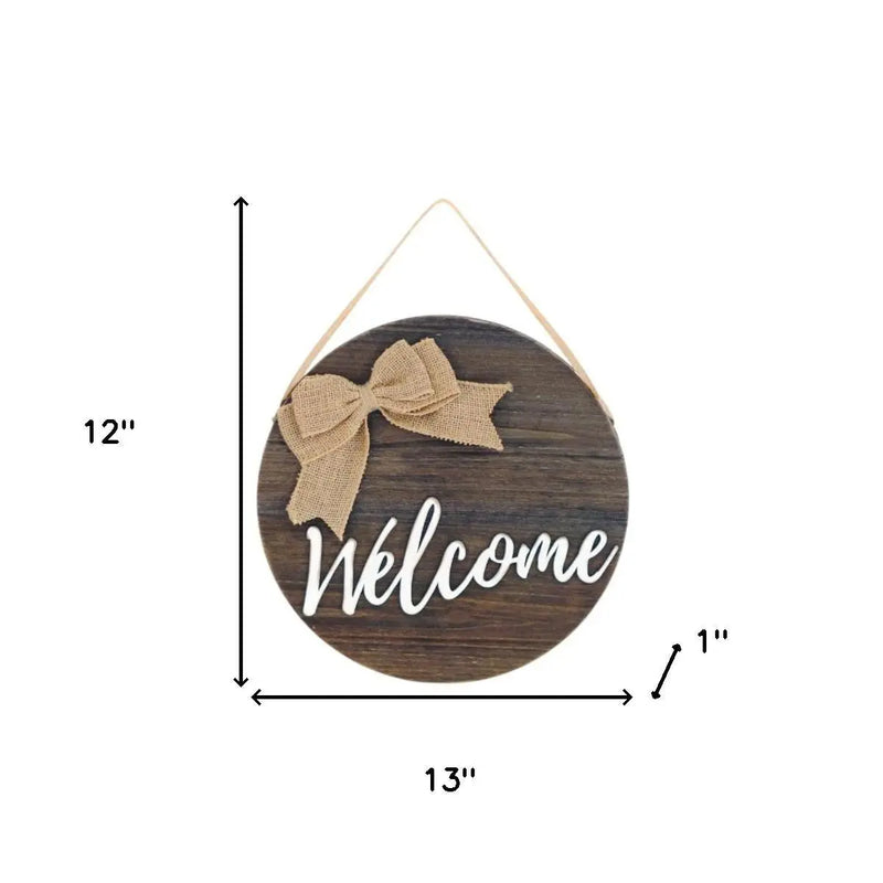 12" Brown Hello and Welcome Solid Wood Reversible Hanging Wall Or Door Decor - GreatEagleInc