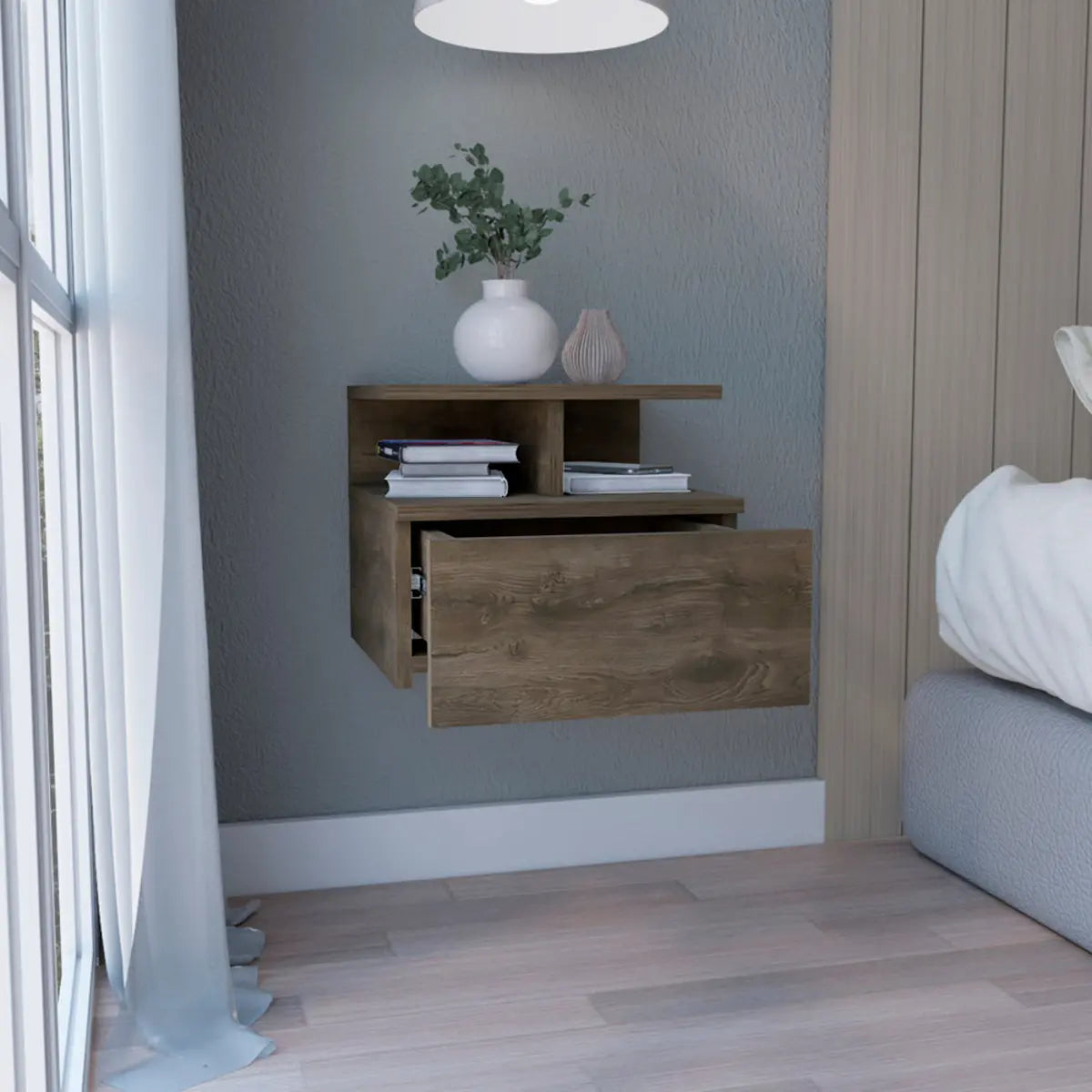 12" Brown Wood One Drawer Floating Nightstand Homeroots Bed & Bath