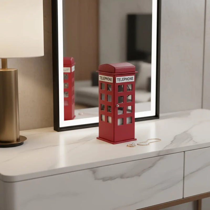 12" Burgundy And White Faux Leather Telephone Booth Jewelry Box Homeroots Organization