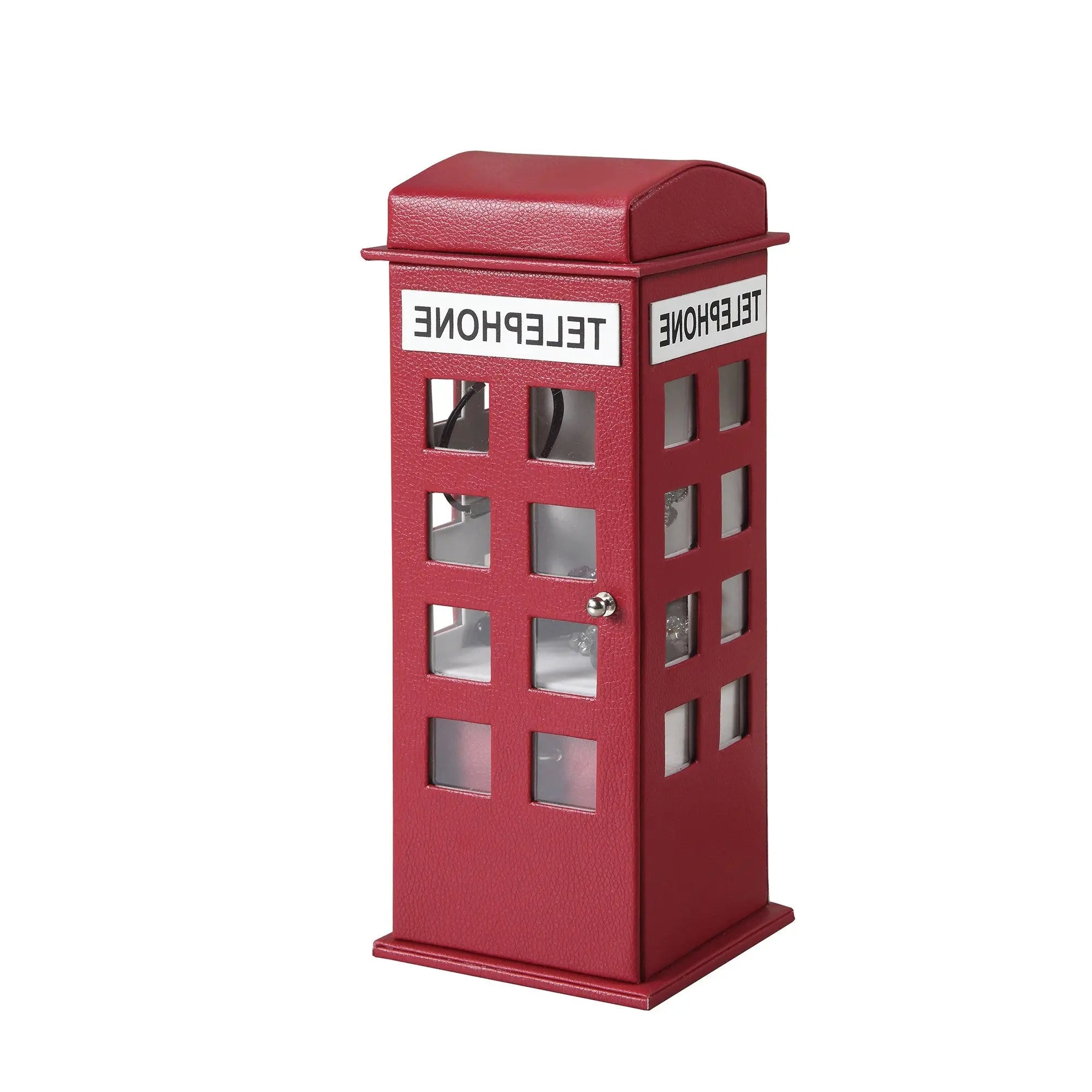 12" Burgundy And White Faux Leather Telephone Booth Jewelry Box Homeroots Organization