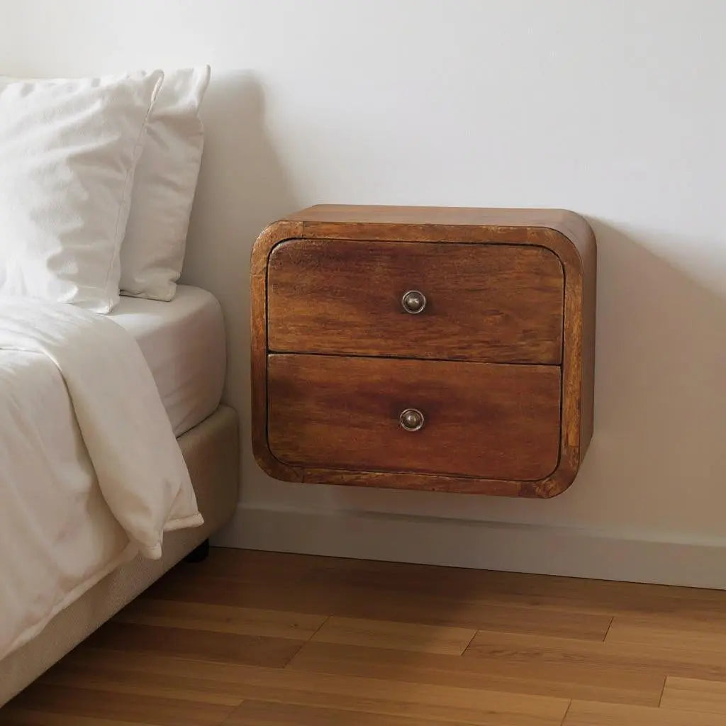 12" Chestnut Solid Wood Two Drawer Floating Nightstand Homeroots Bed & Bath